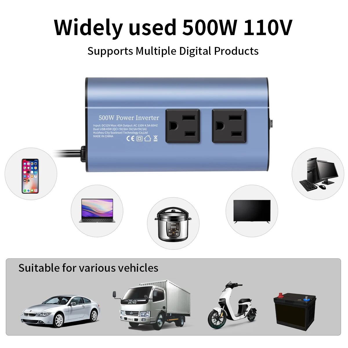 Modified Frequency Inverter Double receptacle 4USB 500W DC12V To AC110V Ports Car Adapter Portable Inverter