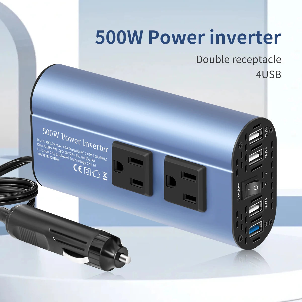 Modified Frequency Inverter Double receptacle 4USB 500W DC12V To AC110V Ports Car Adapter Portable Inverter
