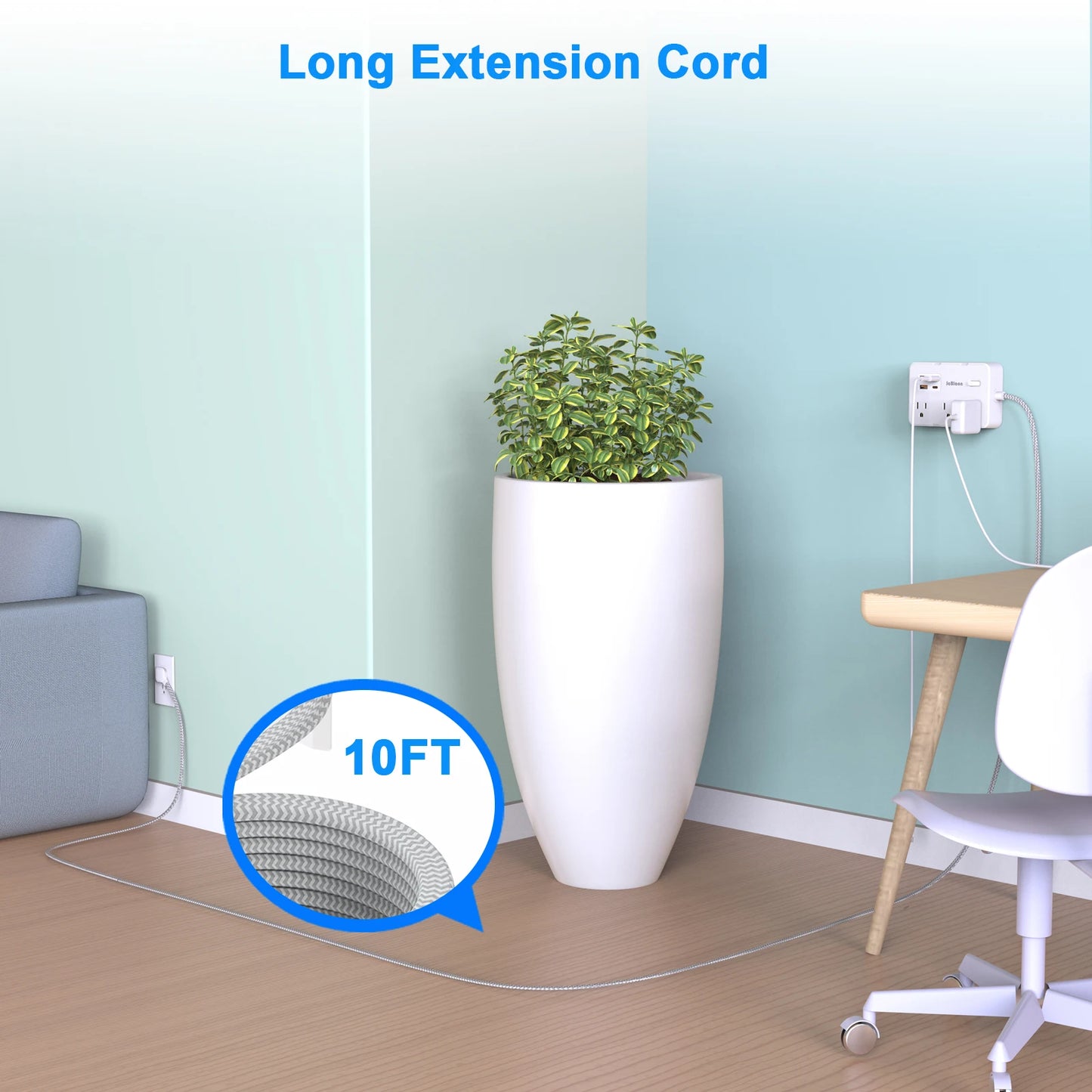 US Plug Power Strip with 6 AC Outlets 4 USB Fast Charging Ports(2 Type C) 5FT/10FT Extension Cable, Socket Adapter with Switch