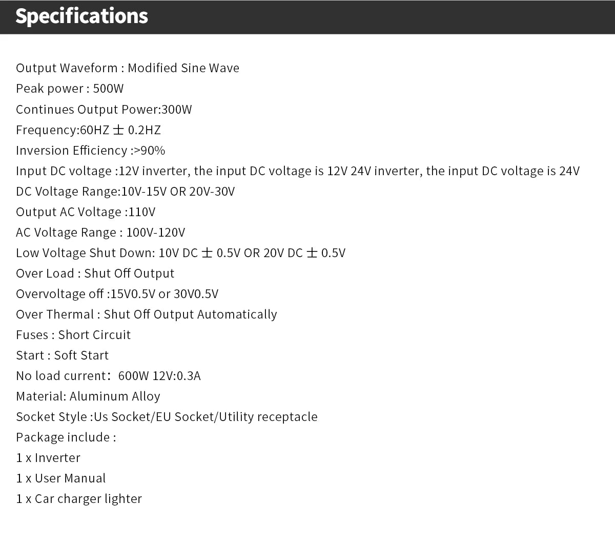 Modified Frequency Inverter Double receptacle 4USB 500W DC12V To AC110V Ports Car Adapter Portable Inverter