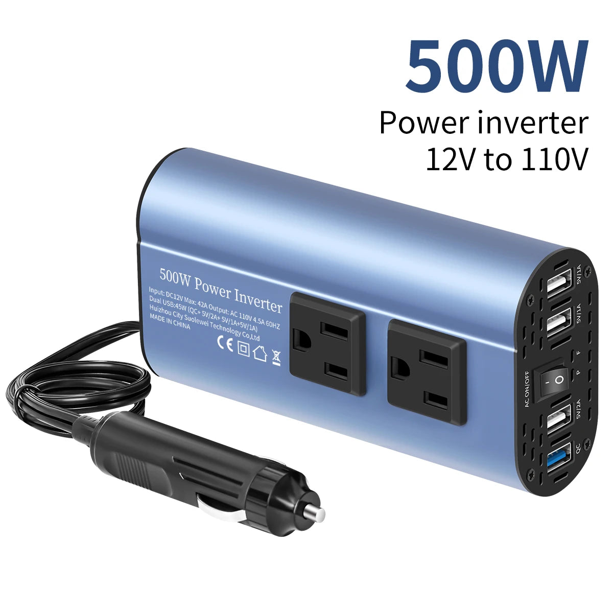 Modified Frequency Inverter Double receptacle 4USB 500W DC12V To AC110V Ports Car Adapter Portable Inverter