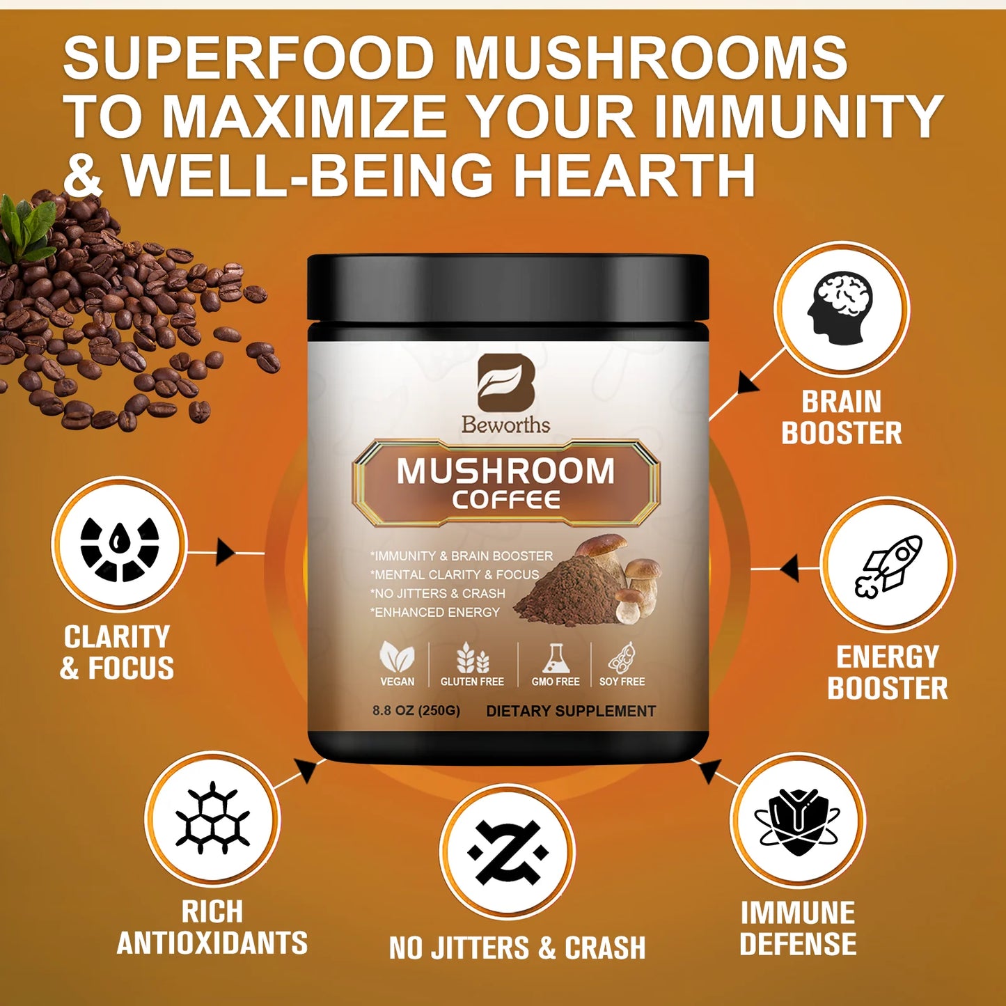 BWEORTHS Ultra Concentrated Mushroom Coffee Mixed Reishi & Lion's Mane Mushrooms Support Immunity and Focus Health Boost Memory
