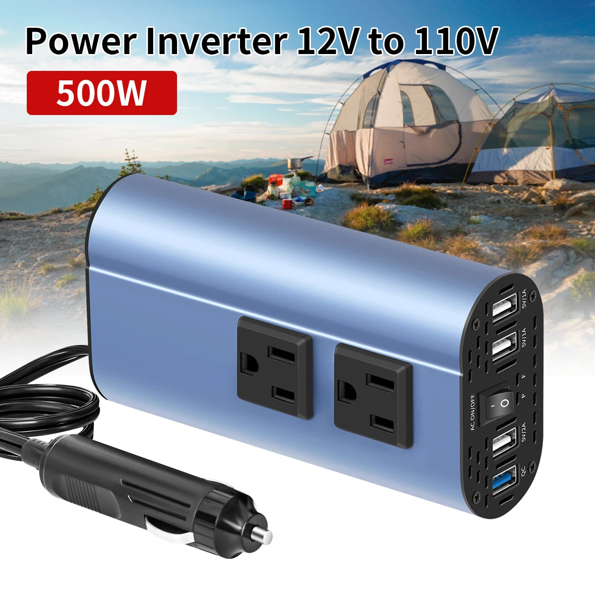 Modified Frequency Inverter Double receptacle 4USB 500W DC12V To AC110V Ports Car Adapter Portable Inverter