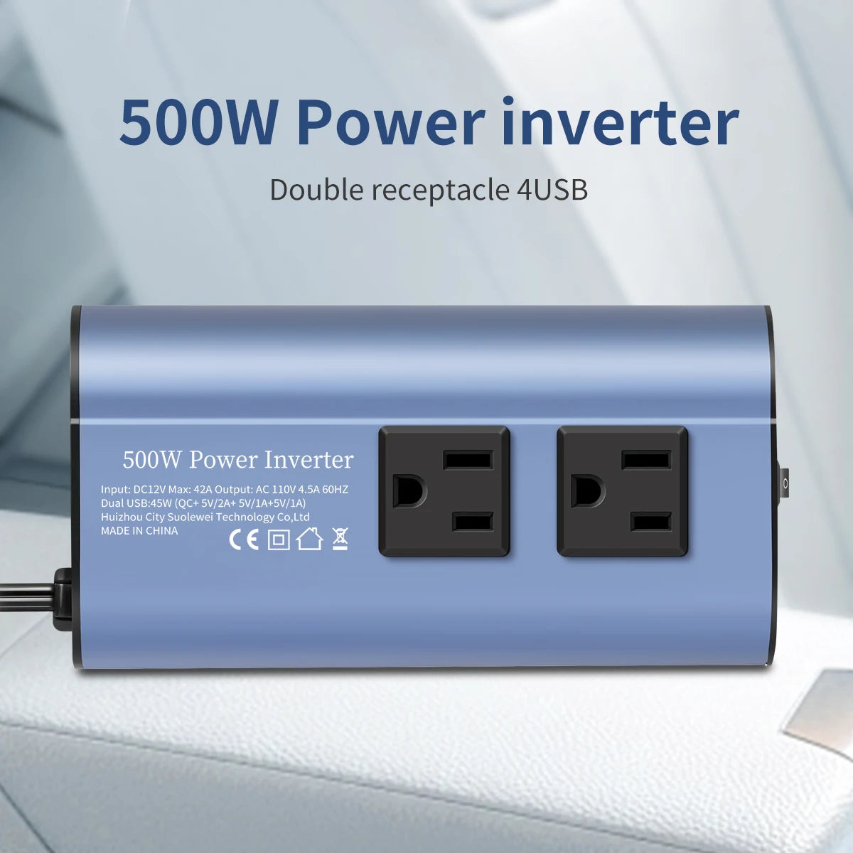 Modified Frequency Inverter Double receptacle 4USB 500W DC12V To AC110V Ports Car Adapter Portable Inverter