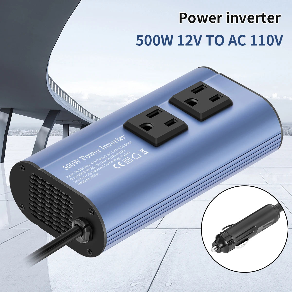 Modified Frequency Inverter Double receptacle 4USB 500W DC12V To AC110V Ports Car Adapter Portable Inverter