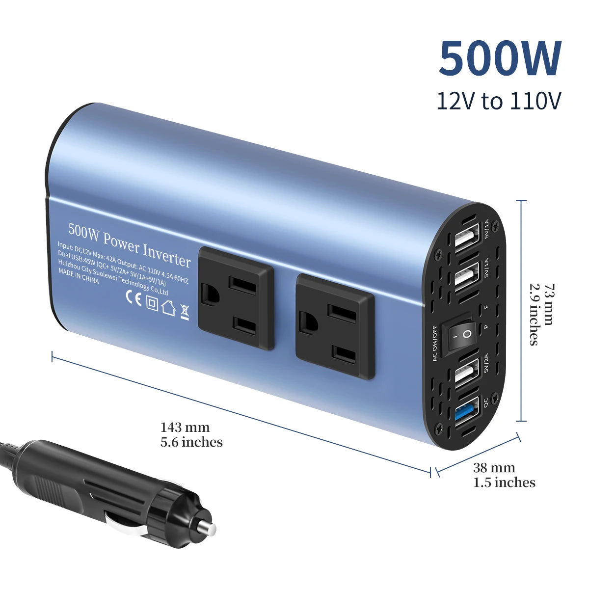 Modified Frequency Inverter Double receptacle 4USB 500W DC12V To AC110V Ports Car Adapter Portable Inverter