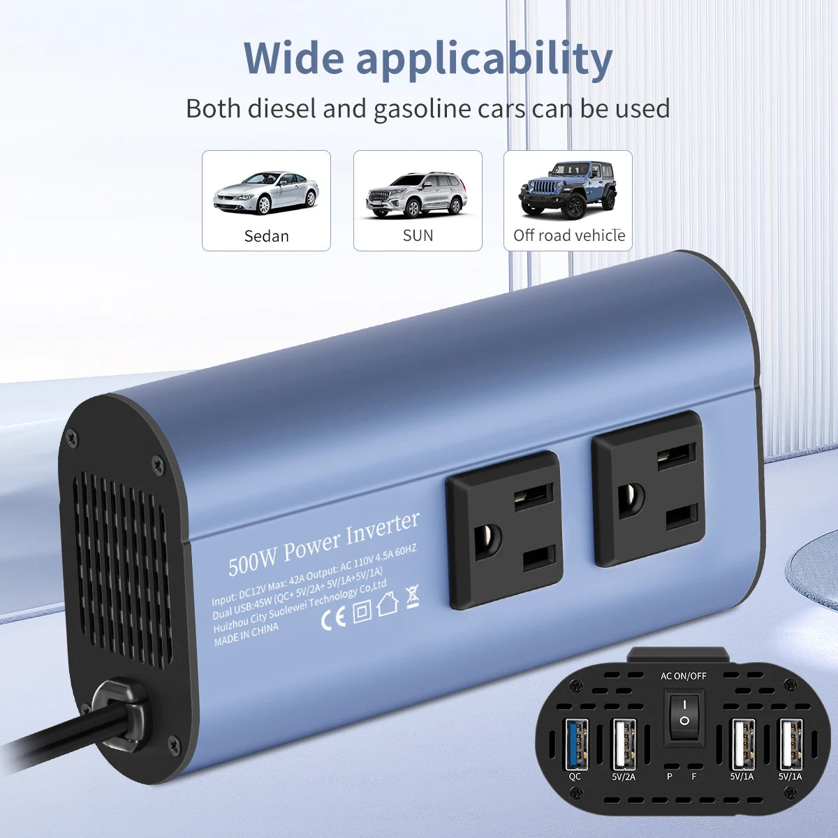 Modified Frequency Inverter Double receptacle 4USB 500W DC12V To AC110V Ports Car Adapter Portable Inverter