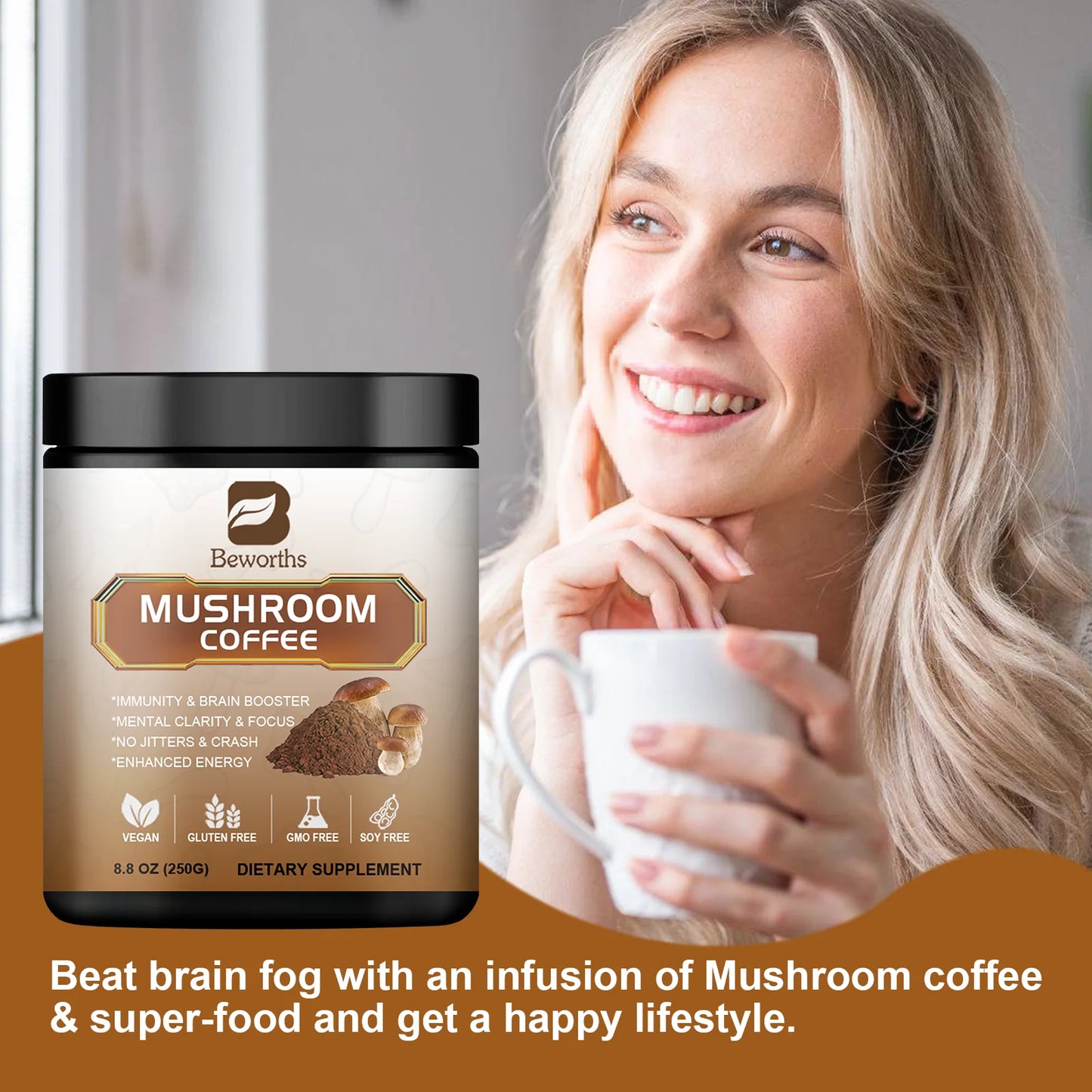 BWEORTHS Ultra Concentrated Mushroom Coffee Mixed Reishi & Lion's Mane Mushrooms Support Immunity and Focus Health Boost Memory