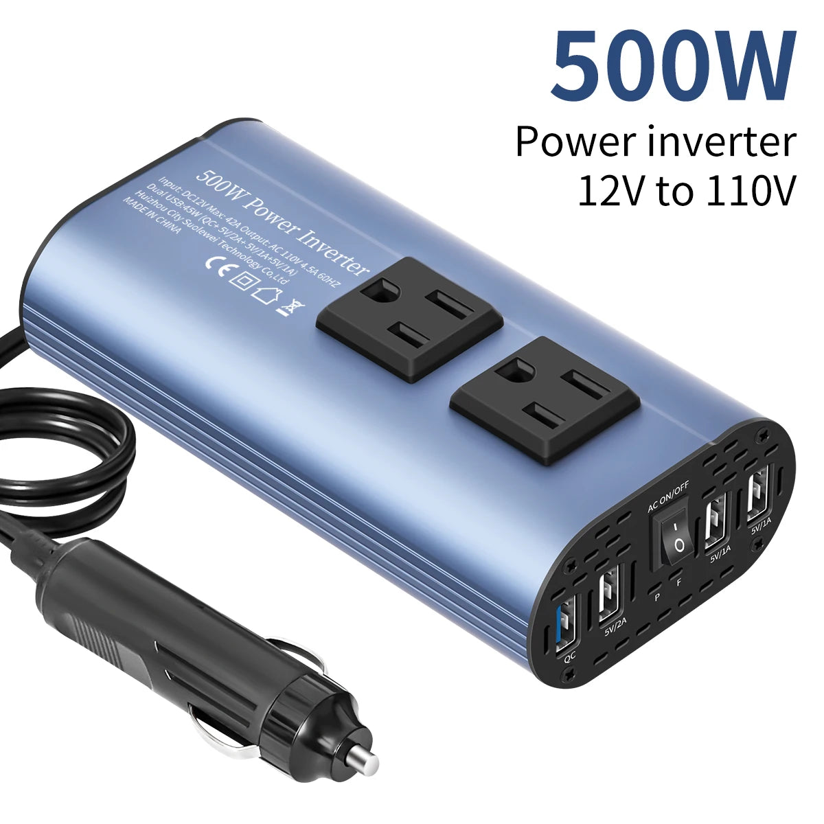 Modified Frequency Inverter Double receptacle 4USB 500W DC12V To AC110V Ports Car Adapter Portable Inverter