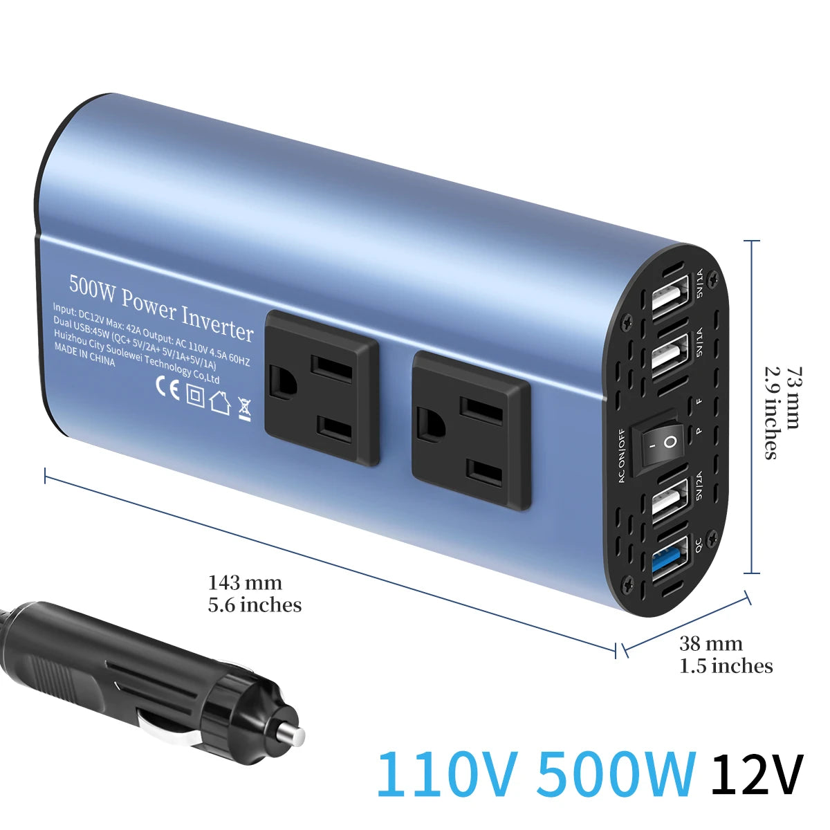 Modified Frequency Inverter Double receptacle 4USB 500W DC12V To AC110V Ports Car Adapter Portable Inverter