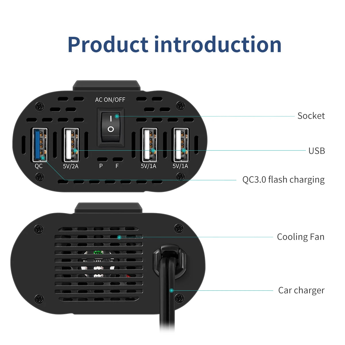 Modified Frequency Inverter Double receptacle 4USB 500W DC12V To AC110V Ports Car Adapter Portable Inverter